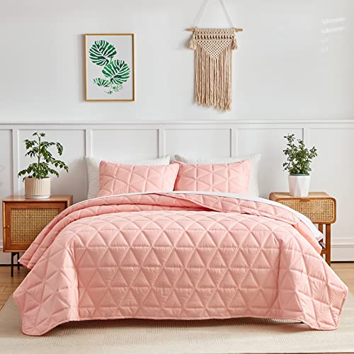 Blush Quilt Set Twin Size 2 Pieces (1 Quilt And 1 Pillow Sham), Classic Color Geometric Triangle Stitched Pattern Quilted Bedspread Coverlet Set, Soft Microfiber Lightweight Bed Cover For Kids Girls #TOP2