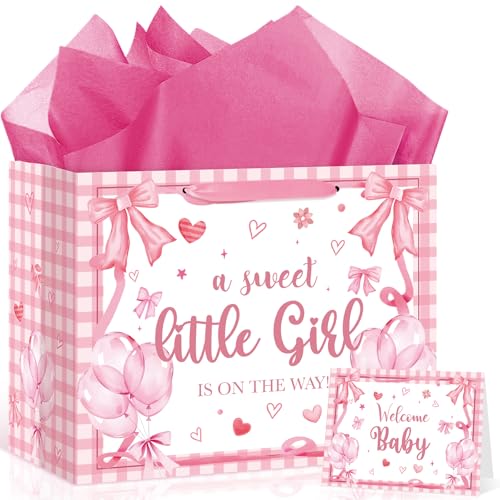 Pink Bow Baby Shower Party Supplies for Girls Bow 1st Birthday Gift Bag with Wrapping Paper and Card Pink A Sweet Little Girl is on The Way Party Wrapping Paper Bag for Baby Shower Gender Reveal Party