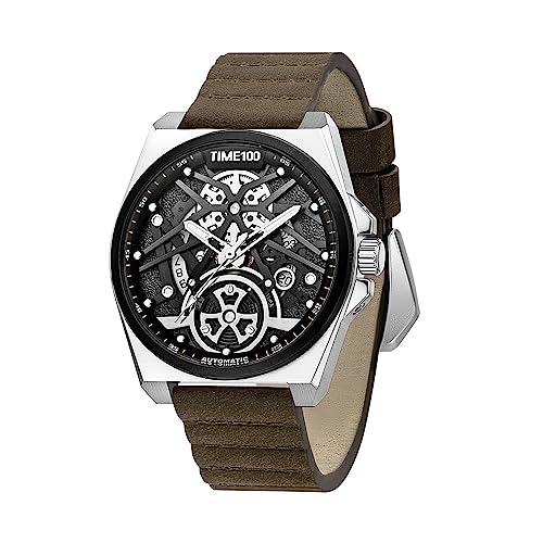 TIME100 Reloj de Pulsera Mecánico Automático Suizo para Hombre Acero Inoxidable Cristal de Zafiro Espejo Correa de Cuero Genuino Resistente al Agua（Plata Marron）