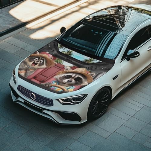Image of Cute Small Raccoon Car Hood Cover Polyester Elastic Fabrics Washable Suitable for Large SUV and Pickup Trucks 39x59in