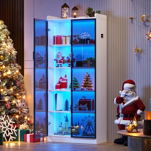FREDEES Vitrine mit LED Beleuchtung, 5-stöckige Sammlervitrine mit Intelligente Sensorik, Acryl Standvitrine mit Verstellbaren Einlegeböden für Wohnzimmer Büro, Weiß