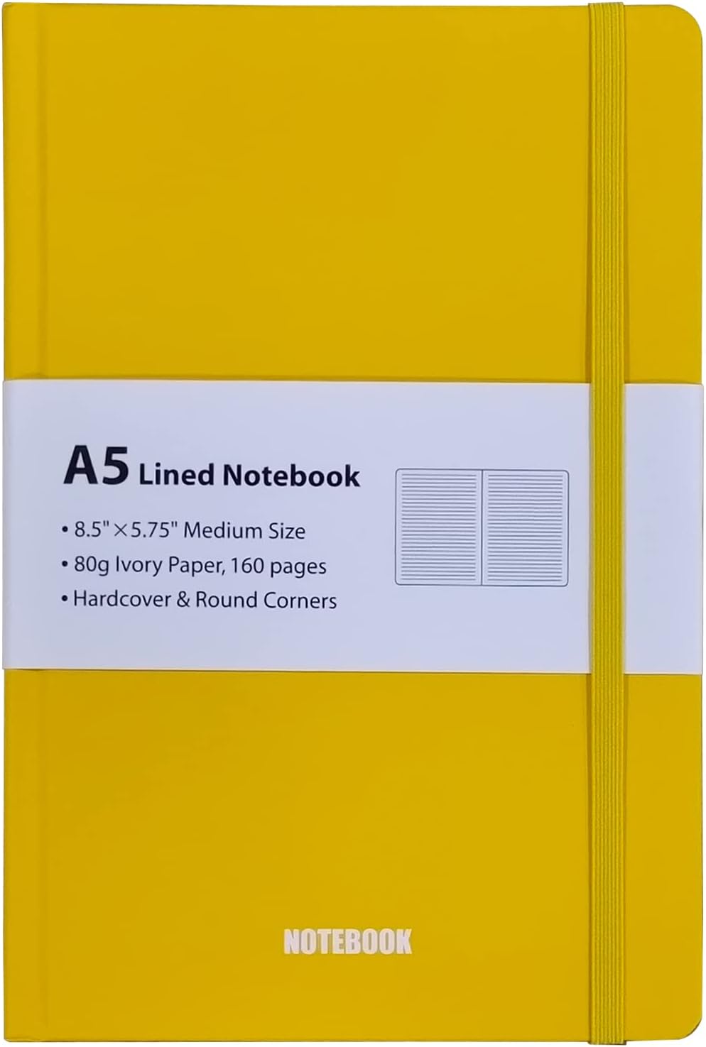 Leepie A5 Lined Notebook With Elastic Closure, Hardcover Notebook For Work, A5 Notebook For School, Ruled Notebook For Study, 8.5" x 5.75" Medium Size Notebook (yellow)