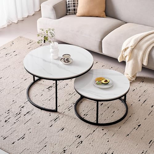GrandCA HOME Tables Basses Rondes gigognes, Lot de 2 avec Cadre en métal Noir pour Salon Moderne, Tables d'appoint en Pierre frittée et marbre Blanc de 60 cm...