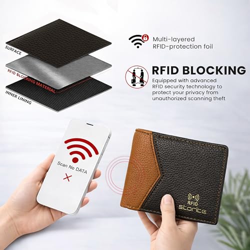 Image of Storite Men's RFID Blocking Bifold Wallet - Slim Genuine Leather Wallet with 2 ID Windows, Card Slots & Coin Pocket Mens Wallet (Tan & Brown)