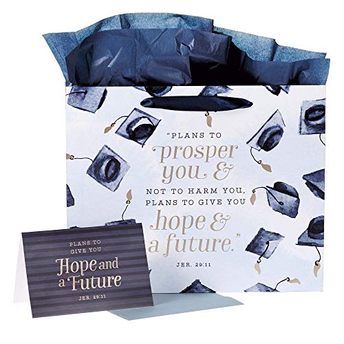Christian Art Gifts Graduation Gift Bag Set | Hope and A Future Blue Graduation Cap Metallic Accents - Jeremiah 29:11 | 3-Piece Set Large Gift Bag for Graduates w/Greeting Card and Tissue Paper
