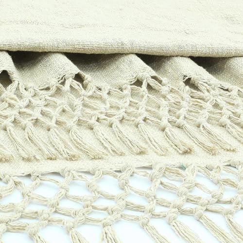 Image of HAKAM Cotton Throw Blanket with Macrame Tassels for 3 Seater Sofa | Ideal for Your Home, Living Room, Sofa, Bed, Chair, Picnic & Used for Gift - 50X70 inch (Biege, Small Single)