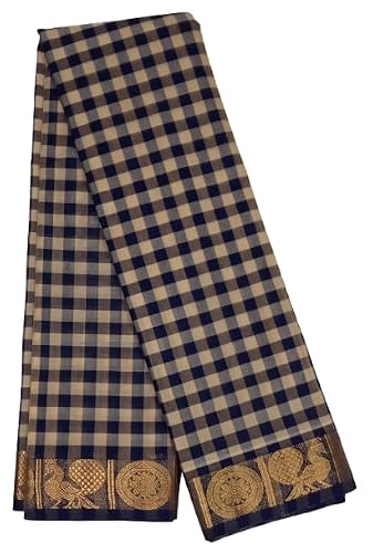 Women's Mixed Cotton Saree - Elegant Copper Zari Woven Border Small Checked Saree Without Blouse (Sandal & Navy Blue)
