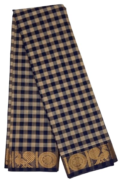 Women's Mixed Cotton Saree - Elegant Copper Zari Woven Border Small Checked Saree Without Blouse (Sandal & Navy Blue)