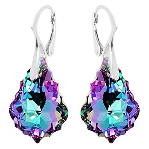 Royal Crystals Made with Imitation of Crystals Pink Blue Sterling Silver 925 Drop Earrings Leverback Two Tone Cover