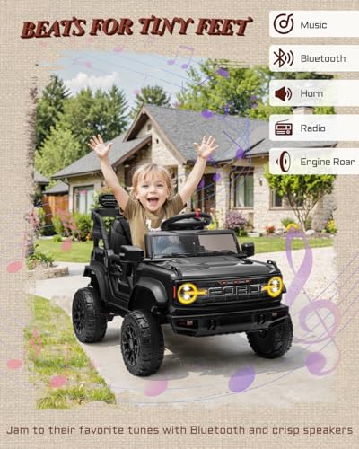 Image of First Ride On 12V Ride on Toys for Kids, Licensed Ford Bronco Raptor Children Electric Vehicles, Toddler Battery Powered Car with Double Doors, 3 Point Safety Belt, Led Lights (12V, Black)