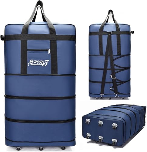 Expandable Extra Large Travel Oxford Duffel Bag with Wheels Waterproof Lightweight Traveling Foldable Suitcase, Blue, L - 6 wheels, Central Hardside Expandable Luggage with Spinner Wheels
