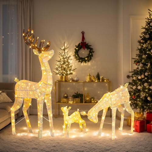VINGLI 3-Piece Lighted Christmas Golden Reindeer Family Set, 5FT White Buck Doe Fawn Outdoor Decorations, Weatherproof Deer Family with 280 Warm White LED Lights for Xmas Yard Lawn Porch Home Decor