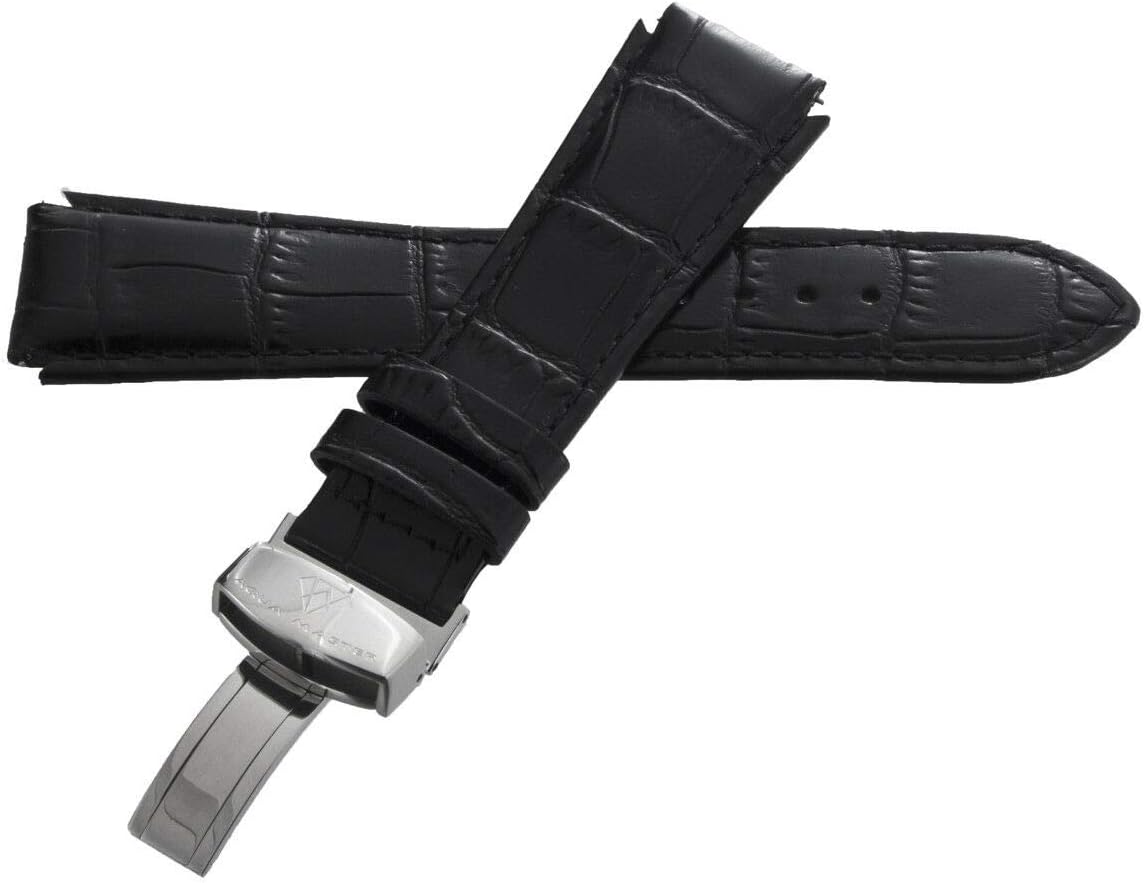 Aqua Master 20mm Widens to 25mm Black Leather Watch Band Strap With Stainless Steel Deployment Clasp