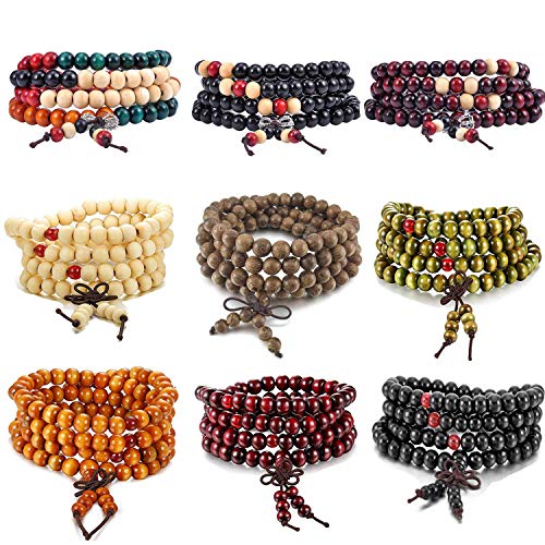 K&Q 9 Pcs Mens Womens Wood Chain Bracelets, Handmade Multilayer 8MM 108 Buddhist Strand Wood Mala Beaded Elastic Bracelet Necklace-Meditation Prayer Beads for Yoga, Spiritual Protection & Good Luck