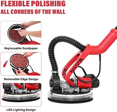 Drywall Sander 750W Electric Foldable Wall Sander 1000-1850RPM LED Lights Sander with 14 PCS Sanding Discs, 6 Variable Speed, Foldable Handle and Carrying Bag, Red