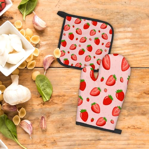 Fiicy 229 Pink Red Strawberry Oven Mitts And Pot Holders Sets, Pink Strawberry Kitchen Accessories Sets Decor, Red Fruit Strawberry Heat Resistant Oven Glove Potholders thumb #1