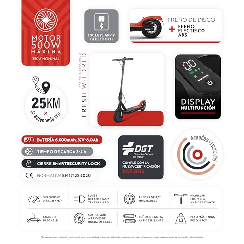 Miniatura 3 de Olsson Patinetes Eléctricos Homologados Dgt - Motor 350w-850w 36v-48v - Batería 6000-10000 Mah - Autonomía De 25-38km - Ruedas 8,5 -10 - Luces Led - Freno Abs Disco - Suspensión Wild Red