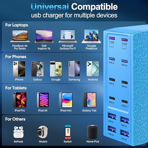 Image of 500W USB C Charger Block, 12-Port USB C Charging Station for Multiple Devices, Leather Texture Dual PD 65W Laptop Fast Charger Compatible with MacBook Pro /Air, iPad, iPhone,Galaxy and More,Blue