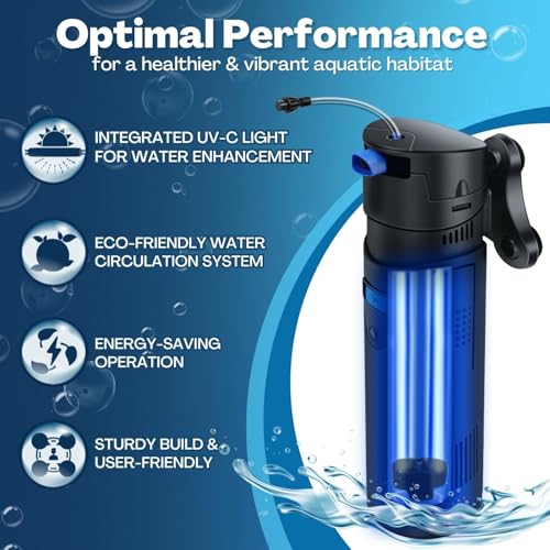 Image of Flexzion Aquarium Filter U-V, 200 Gallon Fish Tank Filter with U-V Light for Green Control Cleaning, 200GPH Submersible Aquarium Pump for Turtle Tank, Freshwater Crystal Clear & Saltwater