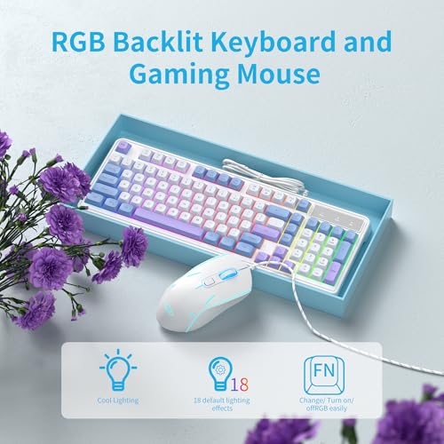 Image of Wire Gaming Keyboard,Creamy Keyboard and Mouse Combo, 7 Colorful Rainbow Backlight Classic Gaming Keyboard (White & Blue & Purple)