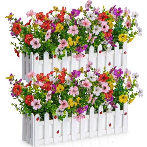 Artificial Colorful Flowers Plants in Picket Fence Pot, Fake Silk