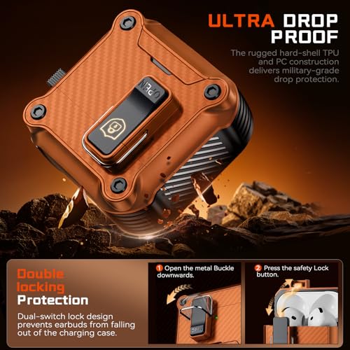 Image of Inesore for AirPods 4 Case with Secure Lock (Orange) | Phone Stand Design,Compatible with MagSafe,Automatic Snap Switch Secure Cover Carbon Fiber Texture with Cleaner Kit
