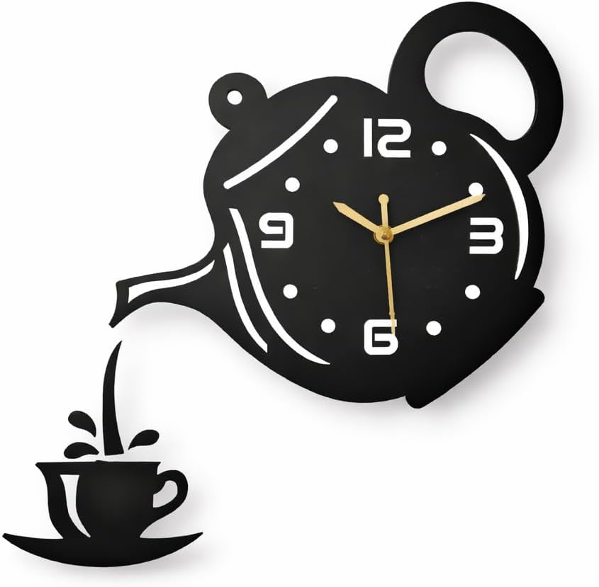 Wooden Tea Time Wall Clock – Teapot Cup Design Kitchen Wall Clock | Silent Quartz Analog Clock for Kitchen, Café, Living Room Décor | Decorative Wooden Wall Clock Gift | 1 Year Warranty (Black)