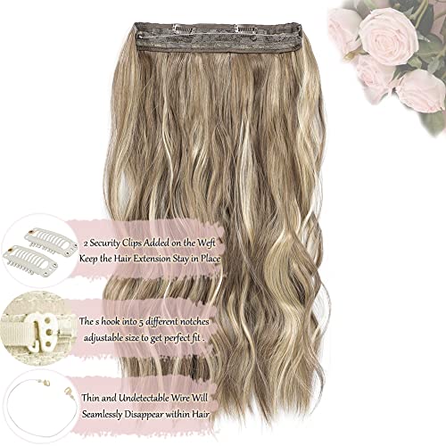 Morichy Invisible Wire Hair Extensions With Transparent Headband Bright Bronde Highlights Stress-Free Adjustable Size 2 Secure Clips Synthetic Long Clip In Wave Curly Secret Hairpiece For Women 20 Inch #TOP2