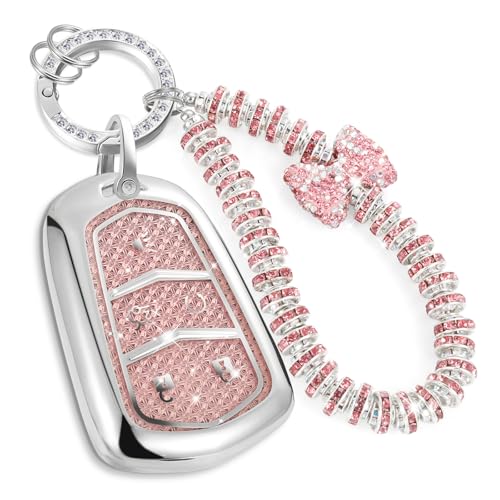 Image of Car Key Fob Cover for Cadillac XT6, Rhinestone Wristlet Case, Pink