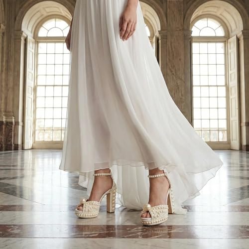 Image of Goolita Womens Open Toe Pearl Platform Heels For Women Chunky Buckle Ankle Strap Wedding Heeled Sandals Dress Evening Bride Bridal Shoes