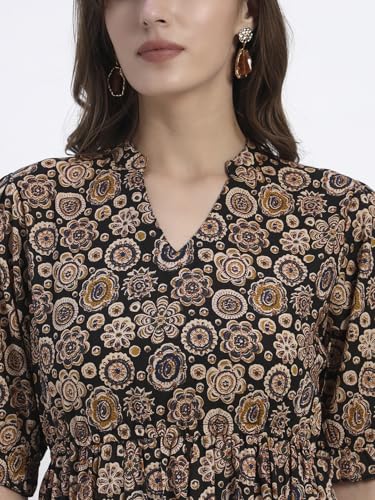 Image of Women's Fit and Flare Dress I Pure Cotton Long Summer Maxi Dress I V-Neck I Casual Wear I Printed Kalamkari Floral Middi