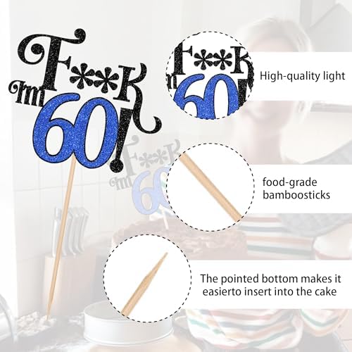 YCTHUNFISH 1 Pack 60th Birthday Cake Topper Glitter Sixty Hello 60 Cherrs to 60 Cake Pick I'm 60 Funny 60 Cake Decorations for Men Women 60th Birthday Anniversary Party Supplies Black Blue - 2
