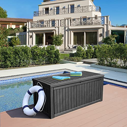 YITAHOME 180 Gallon Large Deck Box w/Divider, XL Waterproof Outdoor Storage for Patio Furniture,Outdoor Cushions, Garden Tools, Sports Equipment and Pool Supplies, Resin, Lockable, Black by YITAHOME - Used condition - US$161.71