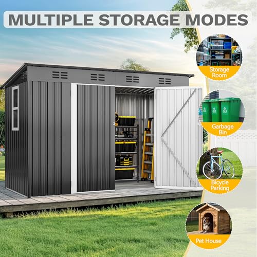 DWVO 9' x 4' Outdoor Storage Shed with Windows, Lockable Double Doors, Sloped Roof, Heavy-Duty Steel Shed for Garden & Patio, Large Backyard Tool Organizer, Dark Gray by DWVO - Image 9