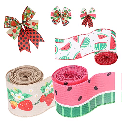 6 Rolls Summer Fruit Wired Edge Ribbon, 30 Yards Total 2.5 Inch Watermelon Strawberry Polka Dot Ribbon for Wreath Bow Making, Spring Summer Decorations, Gift Wrapping, Party Supplies by SiCai Ribbon - Used condition - Image 2