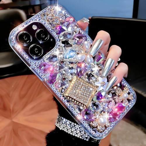 Coque iPhone 15 Pro Max violette en silicone souple strass et fleurs