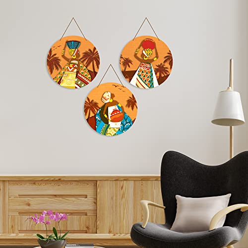 Image of Artvibes African Village Themed Warli Art Round Wooden Wall Hanger for Home Decor | Living Room | Handcrafted Art | Wall Illustrations | Art Prints | Aesthetic Wall Art | Gifts (WH 4201N), Set of 3