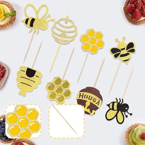 image for Pretyps 32 PCS Bumble Bee Cupcake Toppers Glitter Heart Honeycomb Bee 