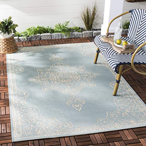 SAFAVIEH Medaillon Teppich für Drinnen & Draussen - Beachhouse Collection, Kurzer Flor, Creme und Aqua, 122 X 183 cm SAFAVIEH Medaillon Teppich für Drinnen & Draussen - Beachhouse Collection, Kurzer Flor, Creme und Aqua, 122 X 183 cm