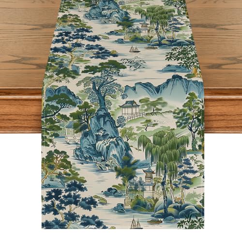 Artoid Mode Chinoiserie Vintage Style Mountain Fall Table Runner, Seasonal House Trees Kitchen Dining Table Decoration for Home Party Decor 13x72 Inch