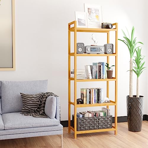 Bamboo Bathroom Shelf, 5-Tier Narrow Freestanding Tower Storage Shelves Adjustable Bookshelf Bookcase Unit For Bathroom/Living Room/Bedroom/Kitchen/Laundry Room, Easy Assembly,Natural #TOP4