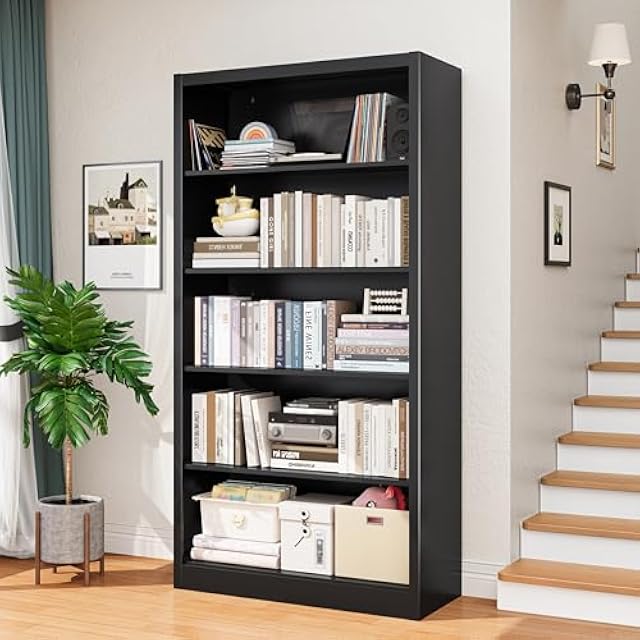 OSKEBABO 66 in Black Heavy Duty Metal Bookshelf, 5-Tier Adjustable Tall Bookcase, Industrial Floor Standing Storage Shelf 180 lbs Load Per Shelf for Living Room Home Office Bedroom Garage
