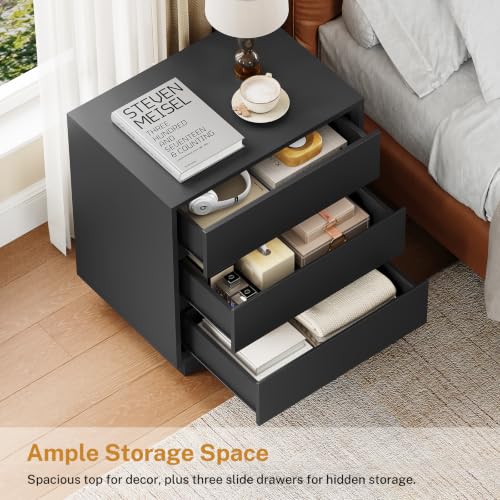 Image of TEENFON Night Stand with 3 Drawers, Nightstand Side Table with Cut-Out Handle, Bedside End Table for Bedroom, Black, 17.7″ L x 15.7″ W x 23.6″ H