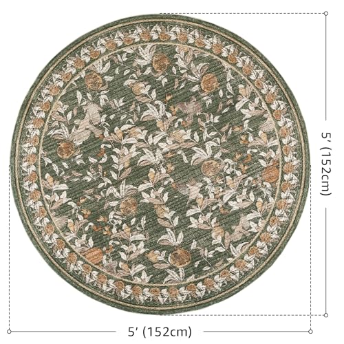 JINCHAN Floral Round Rug 5ft Area Rug Washable Vintage Soft Non-Slip Distressed Orange Green 5' Circle Carpet Accent Rug for Entryway Living Room Dining Room Bedroom Home Office by jinchan - Image 9