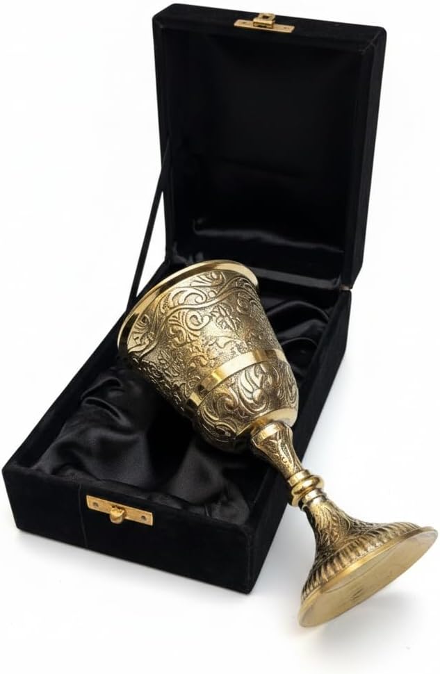 Samrees Nautical Handmade Brass Chalice Golden Plated Embossed Engraved Wine Goblet Glass Embossed Chalice Goblet Gift for Wedding Ceremony and Celebrations.