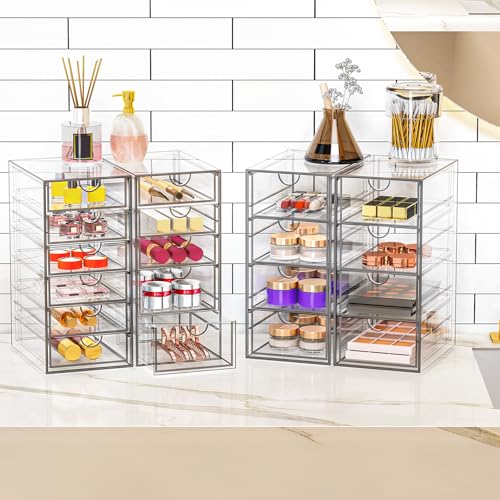 YFXCVSL Acrylic Makeup Organizer with 19 Drawers, 4 Pack Clear Storage Drawers, Bathroom Makeup Organizer for Palettes, Cosmetic, and Beauty Supplies,Ideal for Vanity, Cabinet,Desk Organization