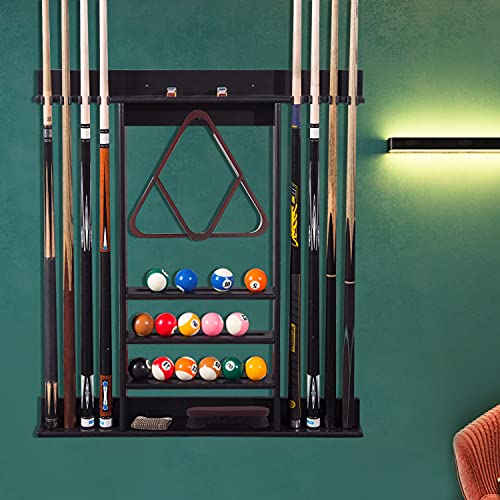 HROMIGRY Pool Stick Holder, Pool Cue Rack Wall Mount, 8 Pool Billiards Table Accessories Rack Solid Wood, Black, Cue Rack Only (Cues, Balls and Ball Rack Set not Included) - Thumbnail 2