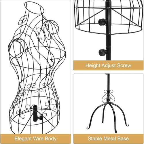 Elegant Wire Mannequin, Female Adjustable Height Metal Dress Form for Display, Black Decorative Torso for Clothing Store Boutique
