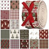 Fanfanwin 40 Pcs Woodland Plaid Christmas Quilting Fabric Roll 2.56 Inch Precut Fabric Squares Jelly Patchwork Snowflake Reindeer Poinsettia Strips Materials for Winter Xmas Craft Sewing Panels DIY