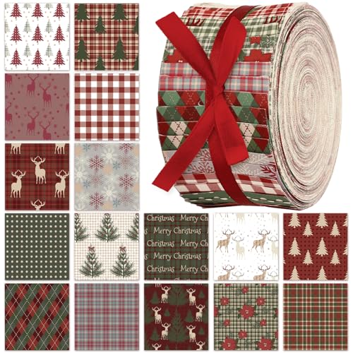 Fanfanwin 40 Pcs Woodland Plaid Christmas Fabric Strips Roll 2.56 Quilting Fabric Jelly Patchwork Snowflake Reindeer Poinsettia Sewing Material for Winter Xmas Scrapbooks Doll Clothes DIY Craft